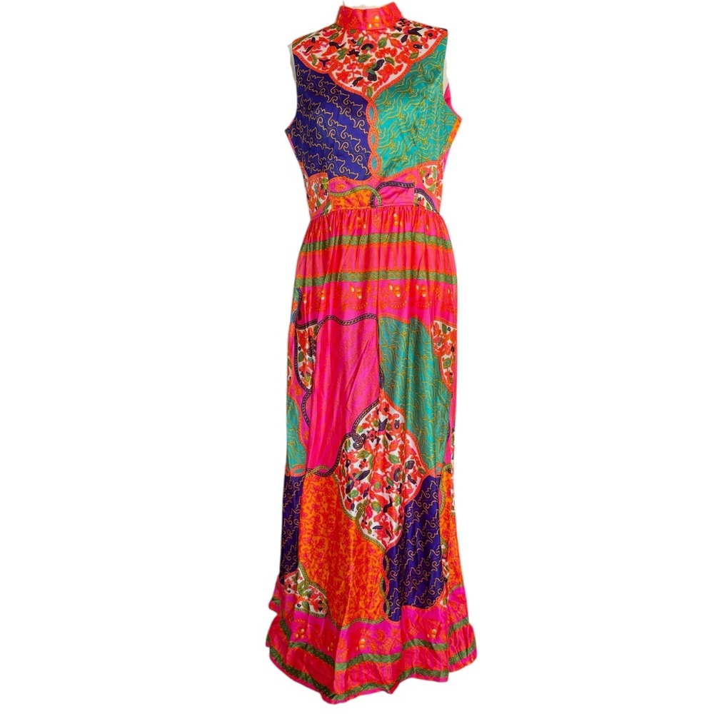 Vintage Multicolor Patchwork Maxi Dress 60s 70s Festival Spring Summer Party